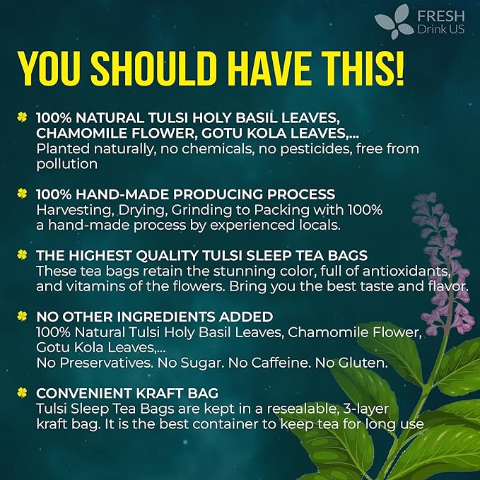 FreshDrinkUS, Tulsi Sleep Tea Bags | 75 Tea Bags | Herbal Blend with Tulsi Holy Basil, Chamomile, Gotu Kola, Ashwagandha & Peppermint | Naturally Caffeine-Free, Relaxing Evening Herbal Tea. Vegan - Bloomnest