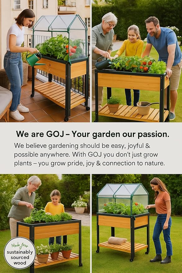 GOJ Raised Garden Bed Wood 48x24x32 inch with Greenhouse & Lockable Wheels - Elevated Wood Planter Box for Outdoors Vegetable Flower Bed Herb Planter - 400 lbs Capacity - Bloomnest