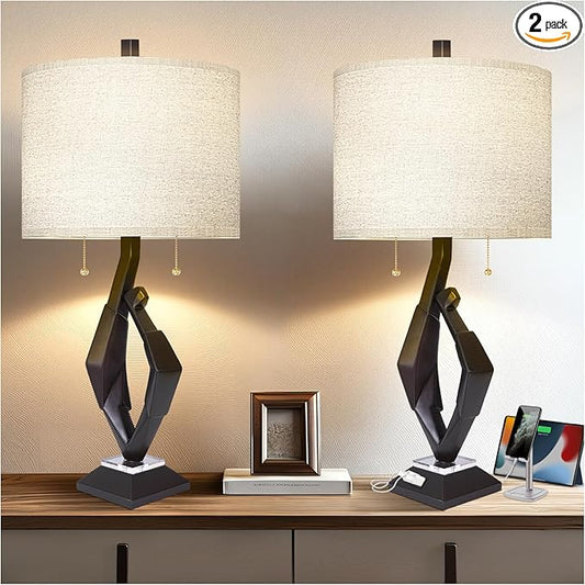 Scenekoy Sculptural Resin Table Lamp Set of 2 with USB Ports for Bedroom Living Room, 26” Black-Brown Dual Pull Chains Bedside Lamps, Nightstand Lamp for Home Room Decor (Bulbs Included) - Bloomnest