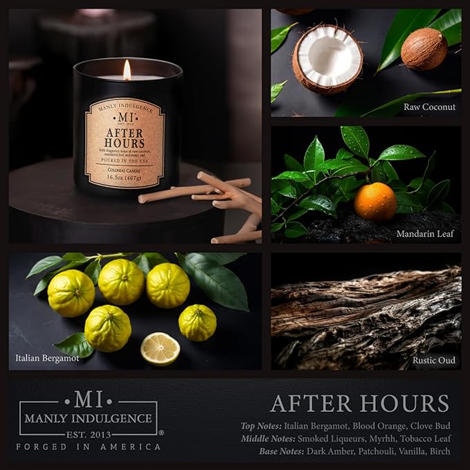 Manly Indulgence After Hours Scented Candles for Men, 16.5 oz Single Wick, Premium Soy Blend Wax, 60H Burn, Candles for Home Scented – Made in The USA - Bloomnest