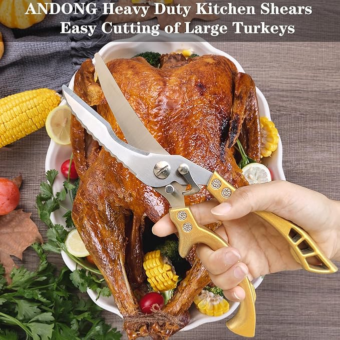 ANDONG Heavy Duty Kitchen Poultry Shears with Serrated Edge, Spring Loaded Kitchen Scissors, Professional Chicken Shears, Gold - Bloomnest