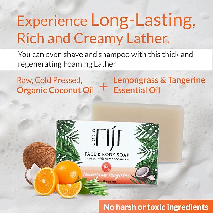 "Coco Fiji Soap Bar for Face and Body Infused With Organic Coconut Oil, Lemongrass Tangerine Essential Oil, Natural Soap for Moisturizing & Pore Purifying Skin, 7 oz, Pack Of 2 " - Bloomnest