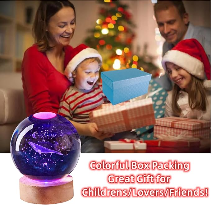 3D Large Whale Crystal Ball Night Light with Wooden Base, Underwater World Crystal Lamp Gift for Kids Wife Friends, 16 Color Changing with Remote Control, 3.15 inch Glass Ball Lamp (Whale) - Bloomnest
