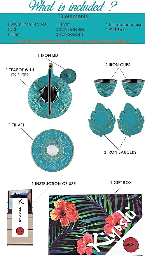 7PC Japanese Tea Set."Turquoise Koi" Cast Iron Tea Pot with 2 Tea Cups, 2 Saucers, Loose Tea Infuser and Teapot Trivet. Ceremonial Matcha Accessories