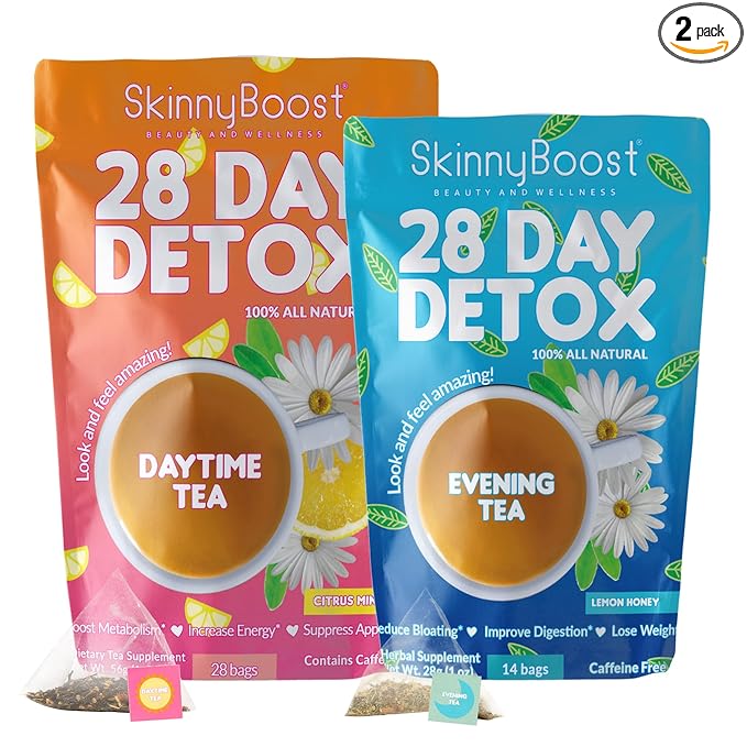 Skinny Boost Detox Tea Kit- 2 PACK –1 Daytime (28 Bags) + 1 Evening -(14 Bags) – Herbal Detox for Weight, Metabolism, Energy, Bloating & Colon Cleanse – Green Tea, Vegan, Keto, Non-GMO, Sugar-Free - Bloomnest