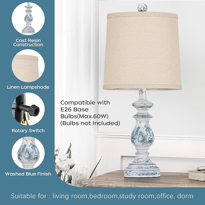 PARTPHONER Traditional Table Lamp Set of 2, Rustic Farmhouse Table Lamps for Living Room Bedroom, 22" Bedside Desk Lamps Vintage Nightstand Lamps with Linen Shades, Washed Blue - Bloomnest