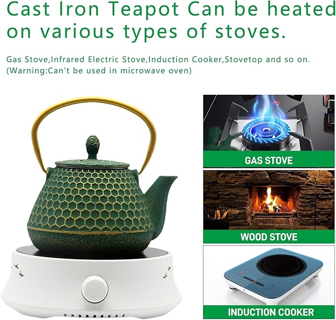 Cast Iron Tea Kettle Set, 33.8oz Hexagon Pattern Teapot Set with Cups and Cup Mats, Teapot Coated with Enameled Interior, Durable Cast Iron Teapot Set with Stainless Steel Infuser - Bloomnest