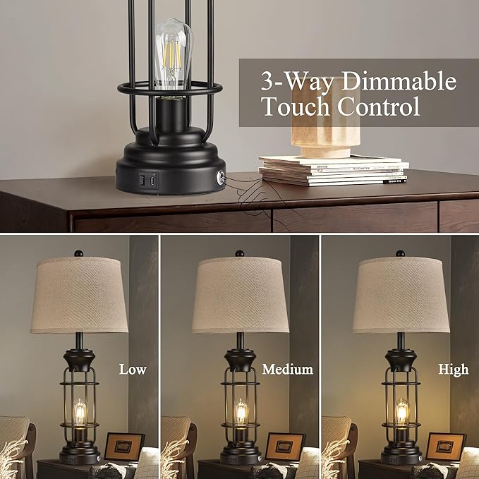 Table Lamp Set of 2 with USB Ports, 28" Tall Farmhouse Table Lamp with 2 Nightlight Bulbs,Touch Control Table Lamps for Bedroom, Rustic Bedside Lamp for End Tables,Bulbs Included,Black - Bloomnest