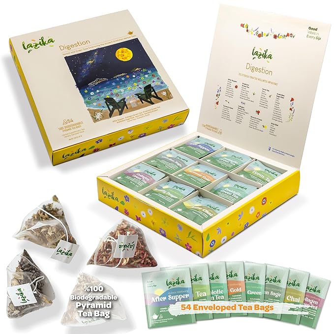 Lazika Herbal Tea Variety Pack with Lovely Presentation Box, 54 Counts Digestion Tea Assortment Gift Set, Premium Collection with Pyramid Infuser Bag, Handcrafted - Bloomnest