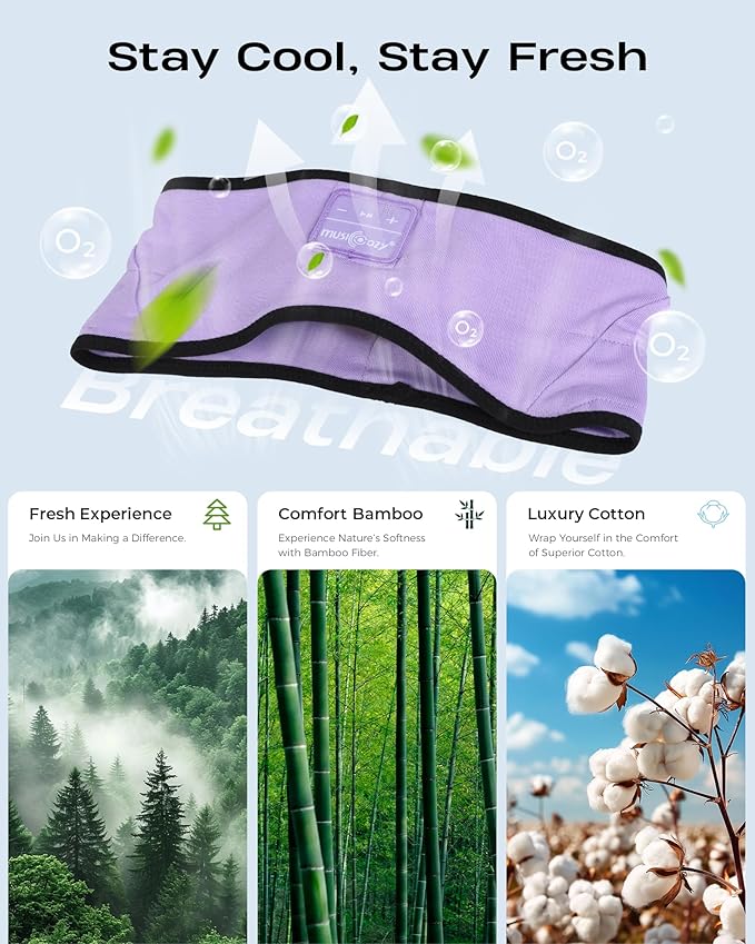MUSICOZY Sleep Headphones Soft Bamboo Cotton Headband Headphones for Sleeping, Sleep Headphone Wireless Bluetooth 5.4 with Ultra-Thin HD Stereo Speaker for Unique Gifts(Lavender Purple) - Bloomnest