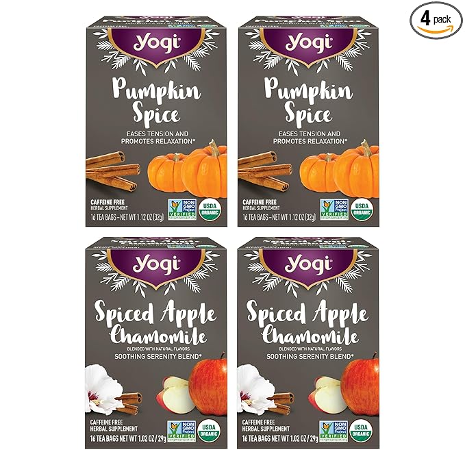 Yogi Tea - Fall Spice Variety Sampler Pack - 16 Tea Bags Per Pack (4 Pack) - Limited Edition Tea Sampler - Herbal Caffeine-Free Teas - Includes 2 Spiced Apple Chamomile & 2 Pumpkin Spice - Bloomnest