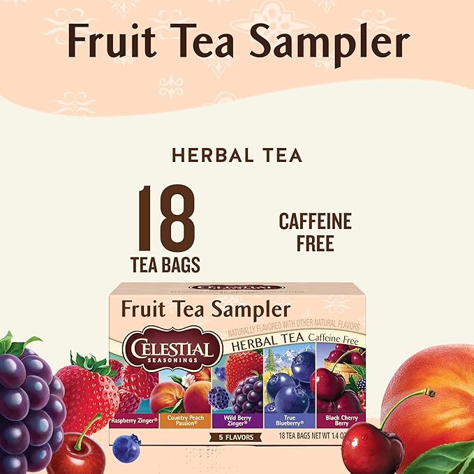 Celestial Seasonings Fruit Tea Sampler Herbal Tea Variety Pack, Caffeine Free, 18 Tea Bags Per Box - Bloomnest