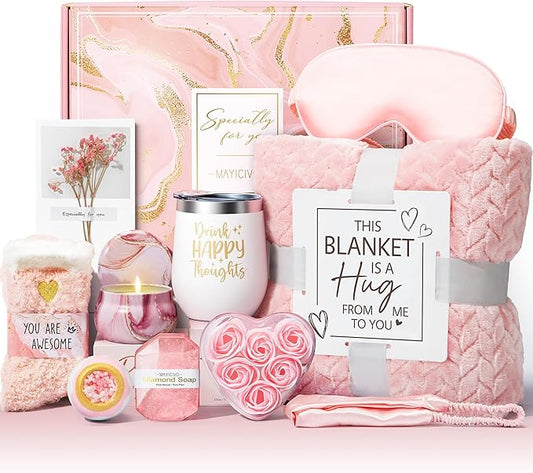 Birthday Gifts for Women Self Care Get Well Soon Gift Baskets, Rose Relaxing Spa Gift Basket Care Package w/ Luxury Flannel Blanket, Unique Valentines Day Gifts for Mom Her Friend Sister Wife Grandma