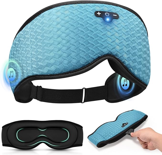 3D Contoured Sleep Mask with Bluetooth Headphones, Adjustable Blackout Sleeping Mask, Easy Installation Sleeping Headphones with Ultra-Thin Stereo Speakers for Men, Women - Embroidered Blue - Bloomnest