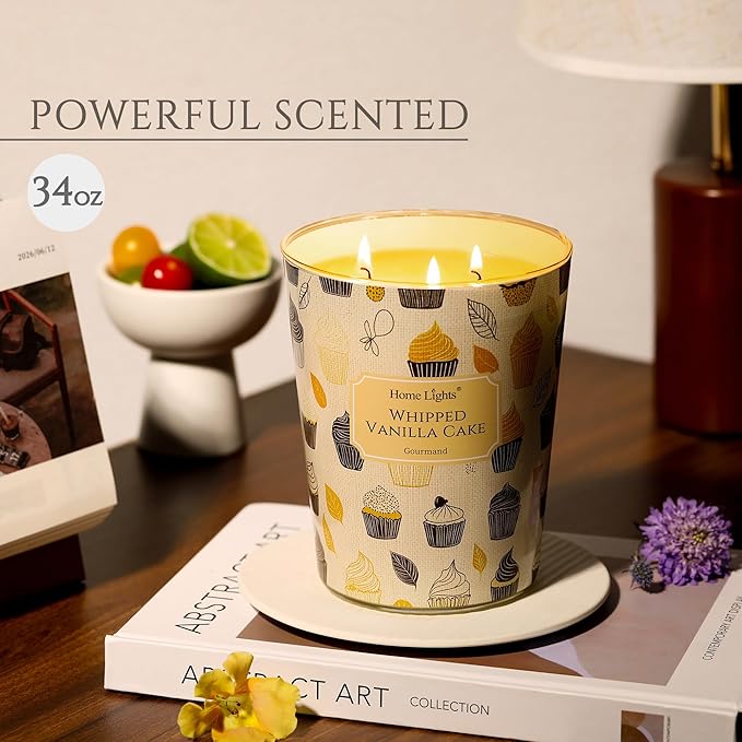HomeLights Soy Wax Candles for Home Scented, 3-Wick Candles in Whipped Vanilla Cake Scented, Rustic Modern Aromatherapy Candles Gift for Parties, Relaxing, 34oz - Bloomnest