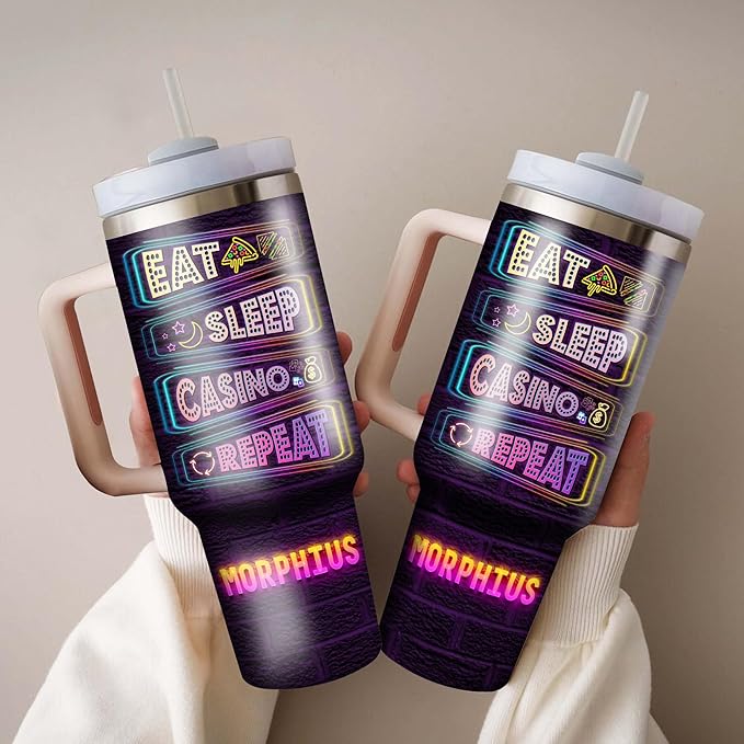 WAZONE Personalized Casino Tumblers Custom Name Travel Cup Insulated 40oz Tumbler with Handle and Straw Stainless Steel Sayings Double Wall Vacuum Mug Christmas Birthday Funny Gifts For Men - Bloomnest