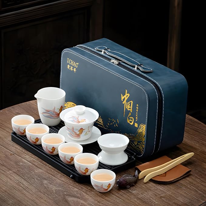 ICHAG Chinese Tea Set, Gongfu Tea Sets for Adults, China Gaiwan Teaset, 14-Piece Yangzhi Jade (茶具) Porcelain Set with Tea Pet, Portable Travel Teaset for Home, Outdoor, Office Gifts (White) - Bloomnest