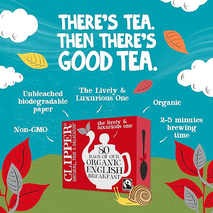 Clipper Tea, English Breakfast Assam Blend, Fairtrade, Organic, Plant-Based, Caffeinated British Tea, 1 Pack, 80 Unbleached Tea Bags - Bloomnest