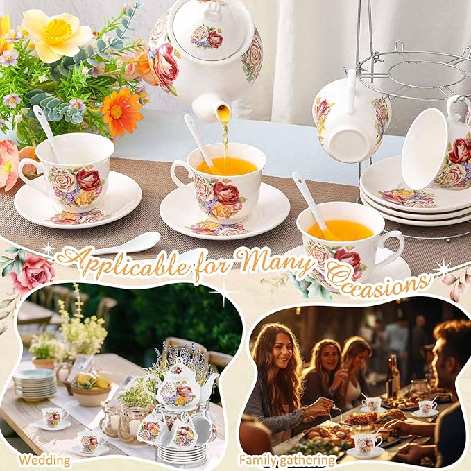 Zhehao 20 Pcs Porcelain Tea Set with Metal Holder and Spoon Adult Ceramic Tea Set European Flower Painting Teapot Cup Saucer Spoon for Women, Large Version(Floral Style) - Bloomnest