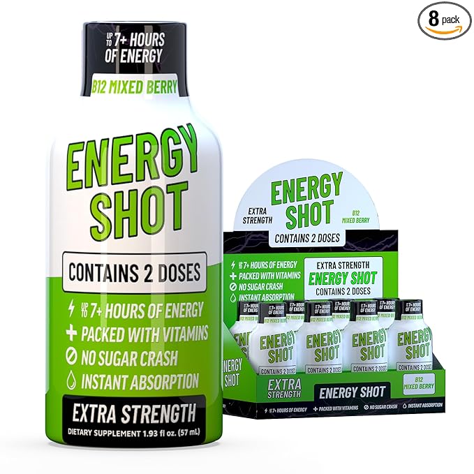 B12 Mixed Berry Extra Strength Energy Shot 8 pk – 260mg Natural Caffeine B12 B6 – Energy & Vitality Support – 2 Servings Sugar Free Zero Calorie Green Tea B-Vitamins Electrolytes Vegan – 1.93 fl oz - Bloomnest