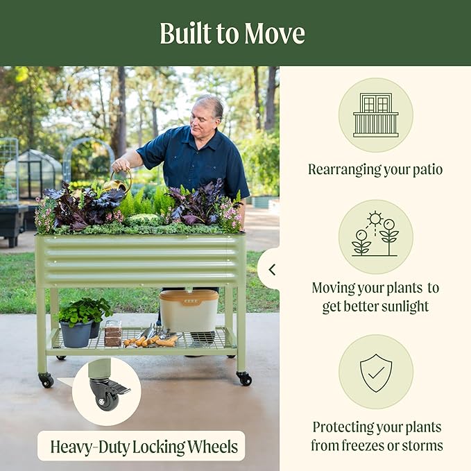 Rolling Elevated Raised Garden Bed-V Series, 2' x 4' Garden Beds with Legs & Storage Rack for Patio & Porch, 700 Lbs Weight Capacity, Outdoor Planter Box for Vegetables Flower Herbs, Olive Green - Bloomnest