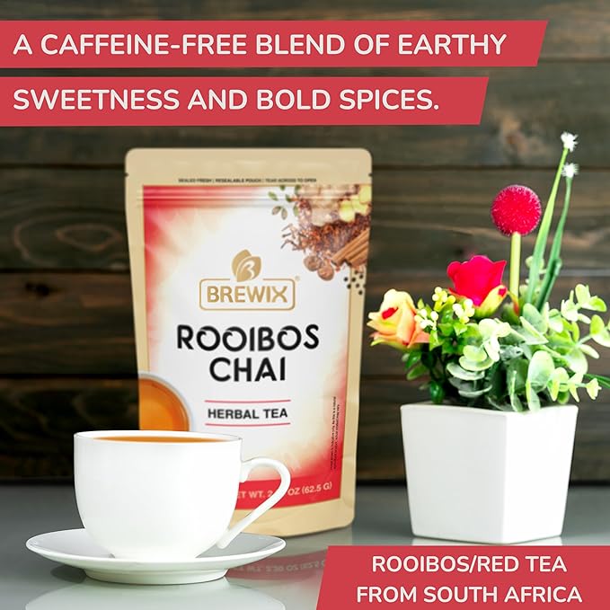 BREWIX, Rooibos Chai Tea Bags (25 Pyramid Tea Bags) Caffeine-Free, Herbal Tea, South African Red Tea | Rooibos, Cardamom, Cinnamon, Black Pepper, Nutmeg, Ginger & Clove - Bloomnest