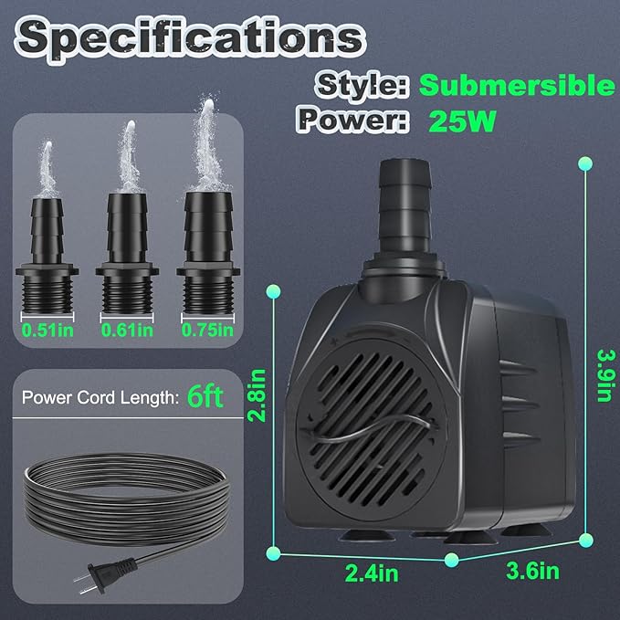 Submersible Pump 400GPH (1500L 25W) Ultra Quiet with Over Heating Protection 6.5ft High Lift for Fountains, Hydroponics, Ponds, Aquariums & More…… - Bloomnest