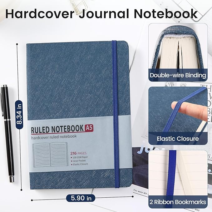Lined Journal Notebook for Women Men 216 Pages A5 Hardcover Journals for Writing Daily Journaling Notebook for Work, School, Note Taking, Business, Travel Navy Blue - Bloomnest