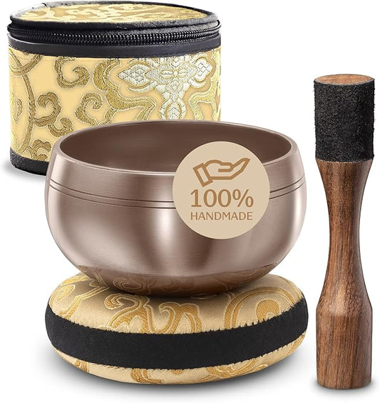 Tibetan Singing Bowl Set with Case – Authentic Plain Design – Meditation Bowl & Sound Bowl with Cushion, Mallet & Guide – Handmade Nepali Bowls – Chakra Balancing – Meditation Sound Bath Kit - Bloomnest