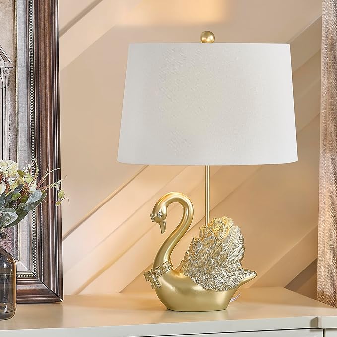 Crestview Collection Bird Table Lamp, 24" Gold Swan Resin Table Lamp with Linen Shade, Modern Animal Lamp for Nightstand,End Table or Entryway, Art Deco Home Decor for Bedroom,Living Room or Hallway - Bloomnest