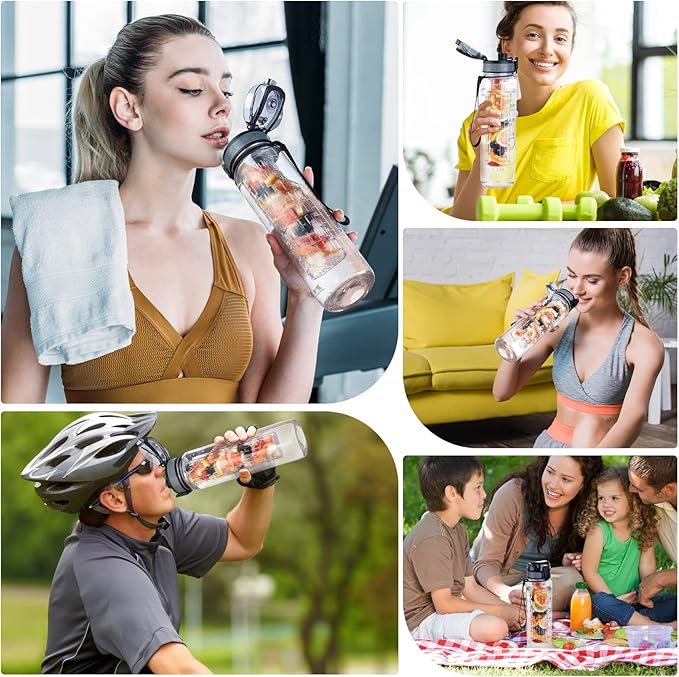 UTEBIT 32 OZ Fruit Infuser Water Bottle, Insulated Sports Water Bottle With Straw, 1L BPA Free Leak Proof Tritan Large Water Jug with Strap for Gym, Camping, Travel, Outdoor - Bloomnest