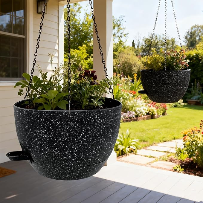 WOUSIWER Self Watering Hanging Planters, 2 Pack 12'' Plastic Pots with Drainage Holes & Reservoir Tray (Speckled Black) | Indoor & Outdoor Use for Ferns, Ivy, Herbs, Succulents - Bloomnest