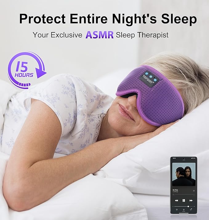 Sleep Mask with Bluetooth Headphones Wireless, TOPOINT 3D Eye Mask for Sleeping Headphones Women Men with Noise Canceling Earbuds, Thin Speaker, Blackout, 15 Hours for Travel, Meditation, CPAP Users - Bloomnest