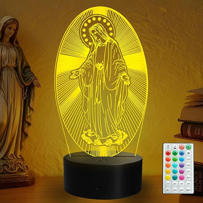 Virgin Mary Night Light, Virgin Mary Gifts, 3D Illusion Lamp with Remote Control, 16 RGB Colors, 4 Flashing Modes, Timer, Dimmable, Kids Catholic Gifts Room Decoration for Holiday Birthday Christmas - Bloomnest