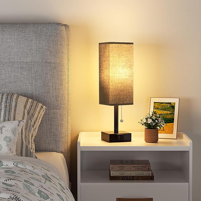 Black Small Table Lamp for Bedroom - 3 Color Temperature 3000K 5000K 4000K Bedside Lamp, Pull Chain Control, USB A and C Charging Ports, Black Base, for Kids Office Dorm Nightstand, Bulb Included - Bloomnest