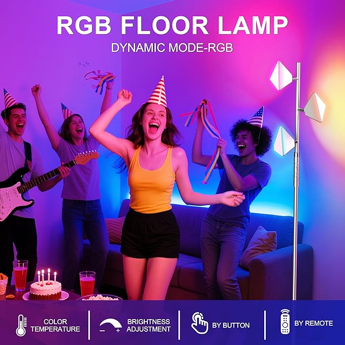 PARTPHONER RGB Tree Floor Lamp for Living Room, Stepless Dimmable Tall Standing Lamp with Remote, Touch Control and 3 Rotatable Light, Bright LED Lights for Bedroom with 4 Color-Changing, Sliver - Bloomnest