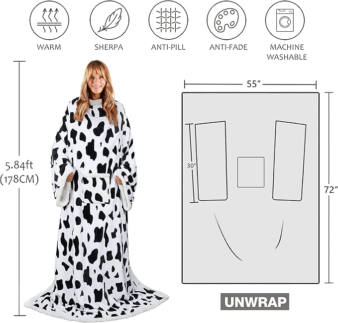 Tirrinia Sherpa Wearable Blanket With Sleeves, Full Body Throw Reading Wrap TV Blankets - Bloomnest