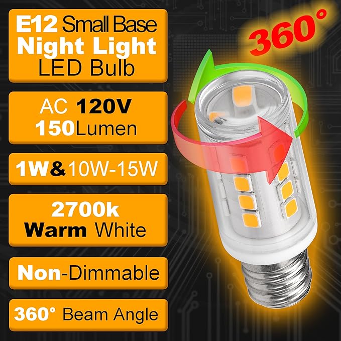 E12 LED Candelabra Base Night Light Bulb 1 Watt Equivalent 10W 15W, AC120V 150lm 2700K Warm White C7 E12 Small Bulbs for Salt Lamp Appliance Bulb Decorative String Lights, Non-dimmable, 4 Pack - Bloomnest