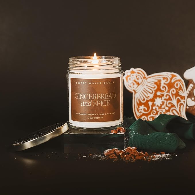 Sweet Water Decor Gingerbread and Spice Candle - Orange, Lemon, and Gingerbread Soy Christmas Candles - Gold Foil Pattern 9oz Clear Jar, 40 Hour Burn Time, Made in The USA - Bloomnest