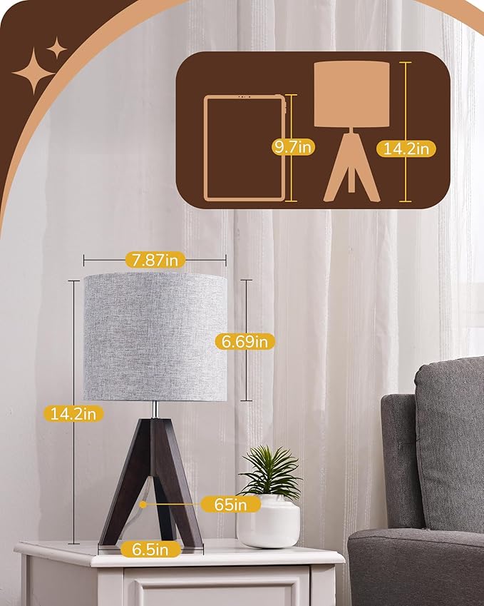 EDISHINE Boho Small Table Lamp, Walnut Color Wooden Tripod Bedside Lamp, Farmhouse Nightstand Lamp for Nursery, Bedroom, Office, Kid Room, Living Room, Grey Linen Lampshade, E26 Socket, 14.2 Inch - Bloomnest