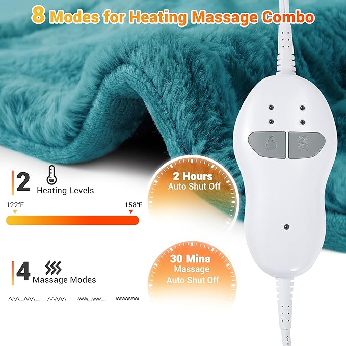 Massaging Heating Pad for Neck and Shoulders and Back, 24" x 35" Large Electric Heating Pad for Back Pain Relief with 3 Heat Levels, 4 Massage Settings, 2H Auto Shut-Off, 4 Massage Motors, Green - Bloomnest