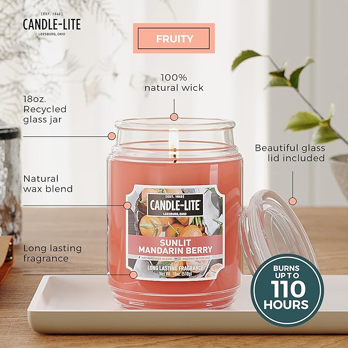 Candle-lite Scented Candles, Sunlit Mandarin Berry, 18 oz Jar, Proudly Poured in The USA, Aromatherapy Candle, Single-Wick with 110 Hours of Burn Time, Perfect for Creating a Refreshing Ambiance - Bloomnest