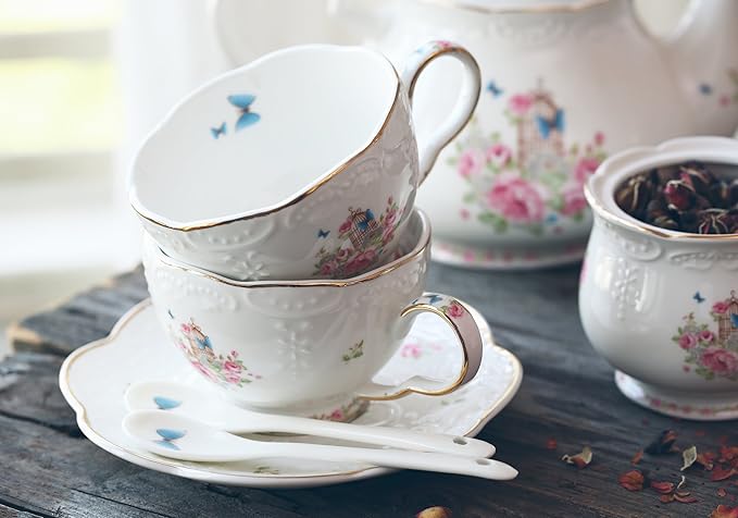 Jusalpha® Vintage Porcelain Flower Series Tea Sets, Tea Cup Saucer Set with Teapot Warmer- Filter and Spoon, 16pcs in 1 set (16pcs set) - Bloomnest