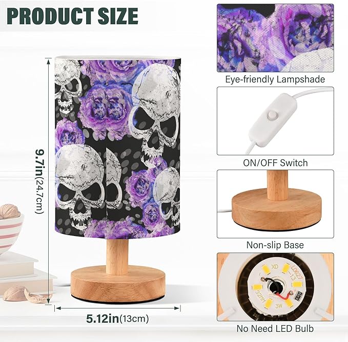 Gothic Pattern Table Lamp with Wood Base and Fabric Shade - Purple, Blue Rose Flower Design for Nightstand, Bedside, Desk, Living Room, Bedroom, Kids Room, Office - Bloomnest