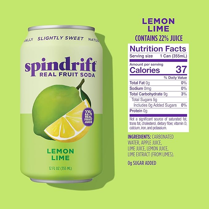 Spindrift "Lemon Lime" Soda, Made with Real Squeezed Fruit, Pack of 12 - Bloomnest