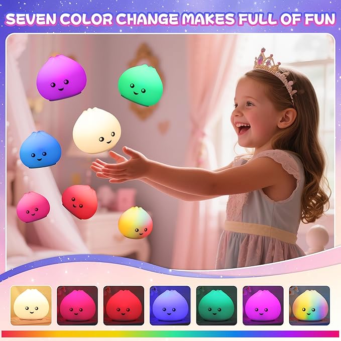 Night Light for Kids, Rechargeable Dimmable Silicone LED Nightlight with 7 Colors, Baby Nursery Night Lamp, Touch Squishy Lamp, Cute Gifts for Girls, Boys, Toddler Room Decor, Dumpling - Bloomnest