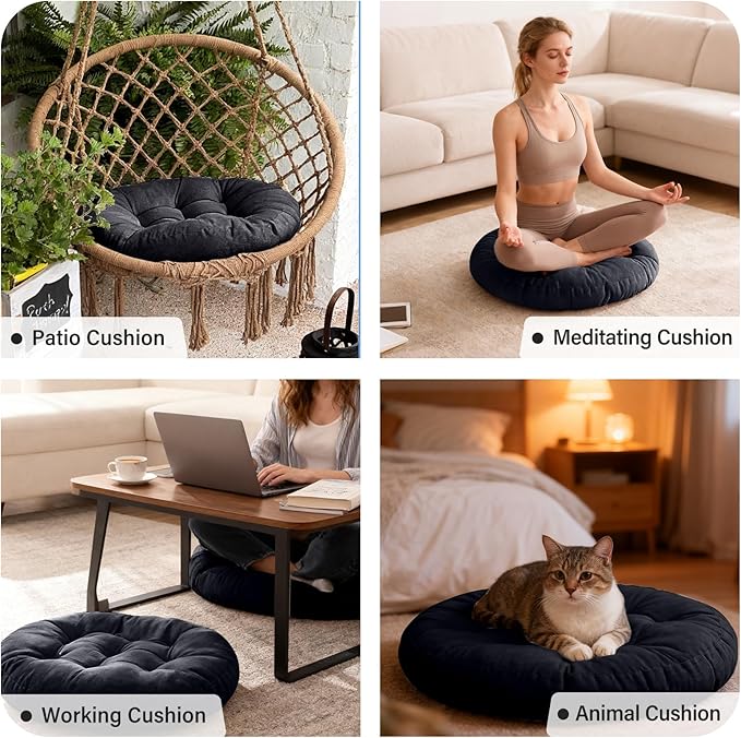 Tiita Floor Pillows Cushions Round Chair Cushion Outdoor Seat Pads for Sitting Meditation Yoga Living Room Sofa Balcony 22x22 Inch, Black