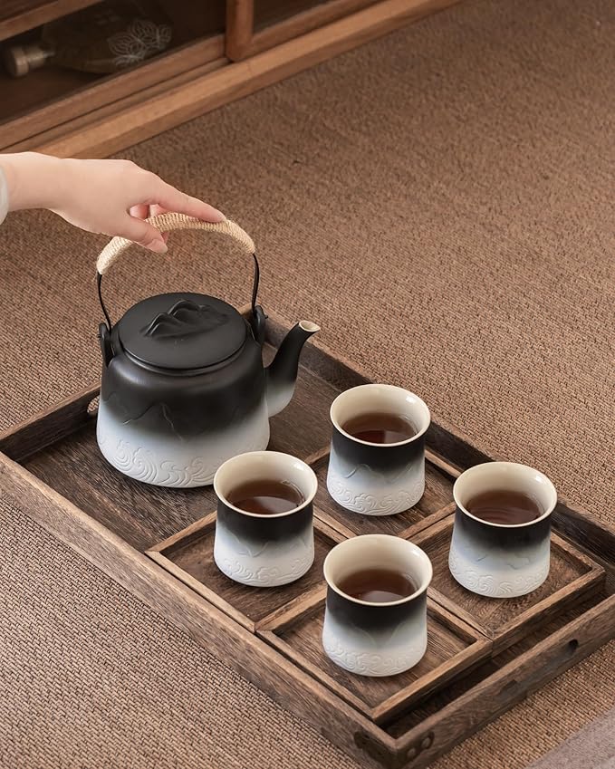 ZENS Vintage Japanese Tea Set, 33.8 oz Gradient Embossed Ceramic Japanese Teapot with Built-in Strainer for Tea Steeper, Hemp Rope Handle Loose Leaf Tea Pot with 4 Cups for Tea Party, Black & White - Bloomnest