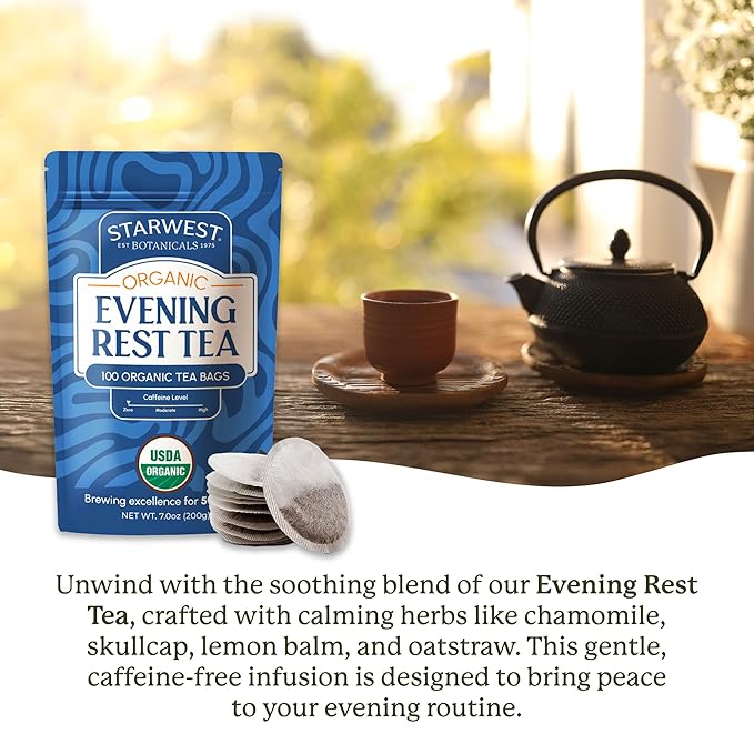 Starwest Botanicals Organic Evening Rest Tea - Caffeine Free Herbal Tea Blend for Sleep, Contains Chamomile & Lemon Balm, String Free Sachets, USDA Organic, Non GMO - Bulk Pack, 100 Tea Bags - Bloomnest