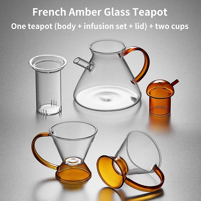French Style Glass Teapot Set with 2 Glass Cups - Amber Borosilicate Teapot with Glass Filter, 12 Filter Gaps, Transparent Design - Bloomnest